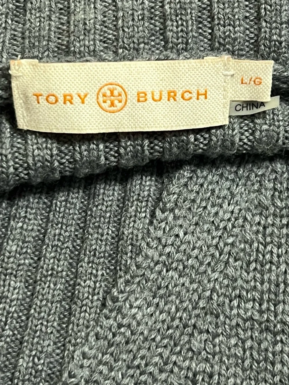 Tory Burch Heather Gray V-Neck Ribbed Sleeve Sweater